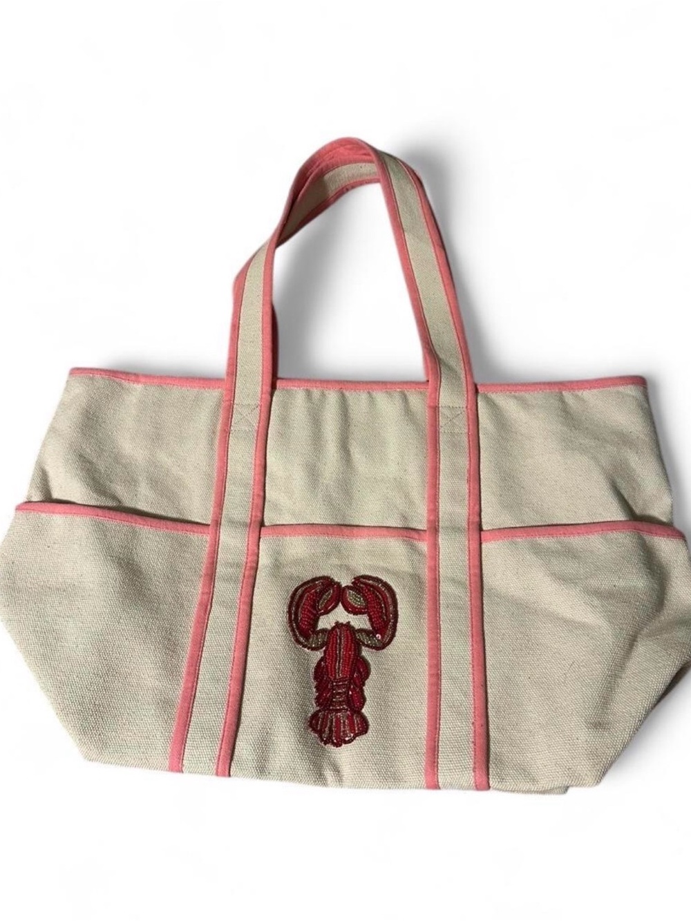 Talbots canvas Tote with Pink Trim and Lobster Embroidery